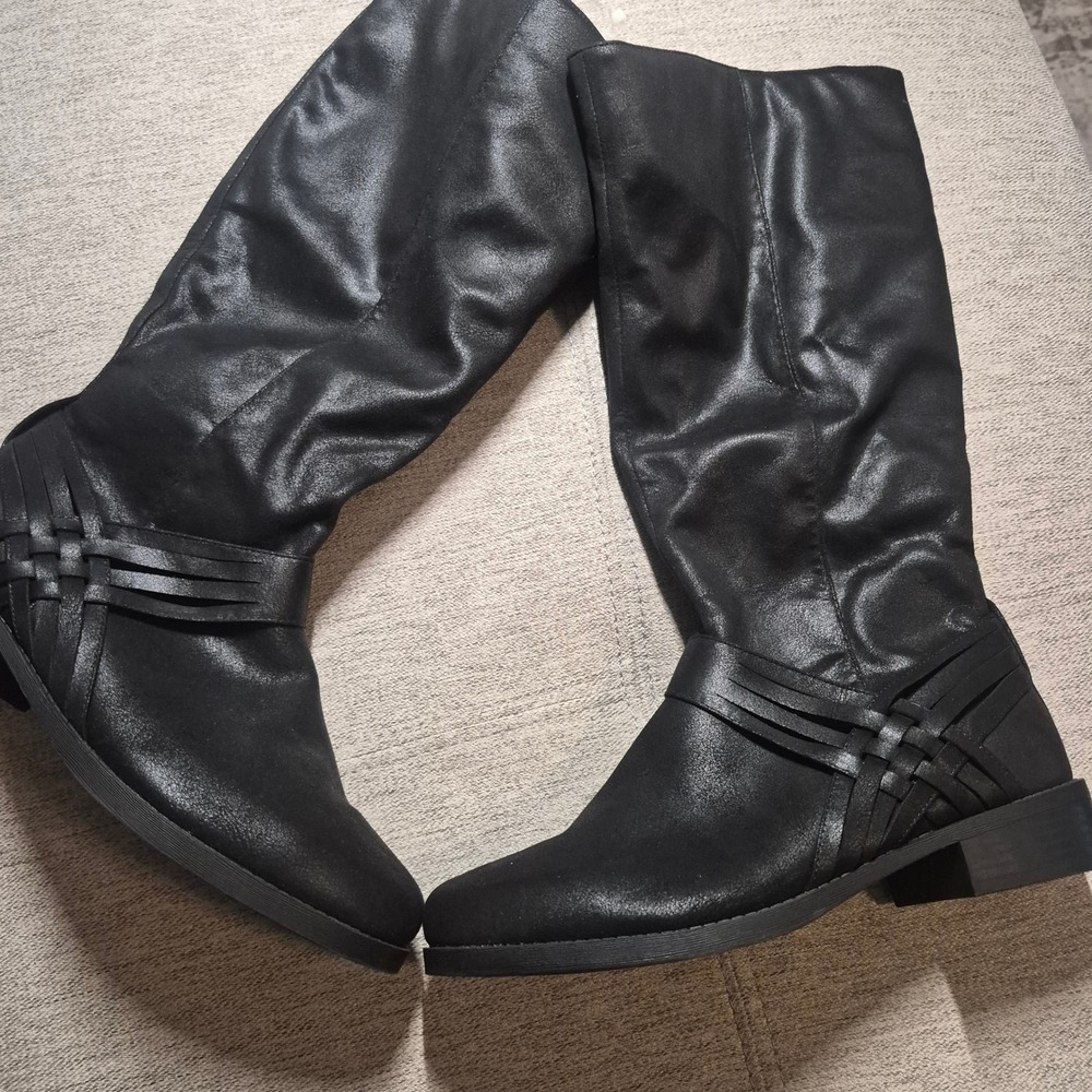 Women Black Knee High Boots Woven Ankle Strap Low Block Heel Side Zip Size 13